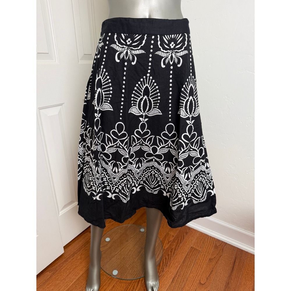 Boho Black White Printed Midi Skirt 100% Cotton A-Line Size L